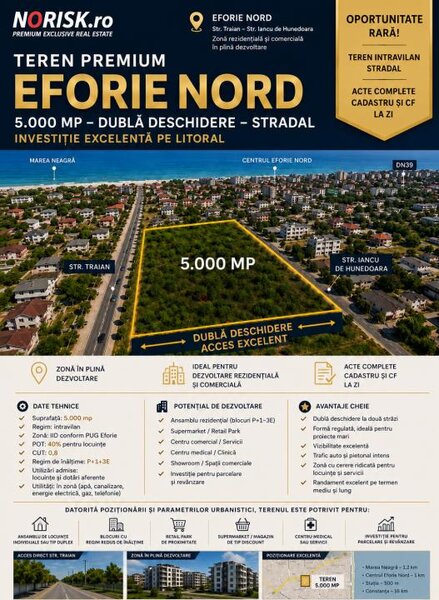 Eforie Nord, teren 5.000 mp, dubla deschidere, POT 50%, ideal investitie.